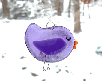 Modern Chubby Bird Suncatcher, Purple Glass Bird, Fused Glass Art, Purple Ornament Decoration, Window Decor, Nature Lover