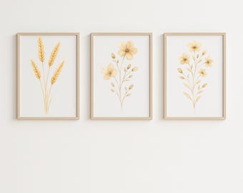 Wheat Floral Print Set, Beige Botanical Wall Art, Neutral Flower Prints, Rustic Farmhouse Decor, Minimalist Wall Art Set of 3 Prints