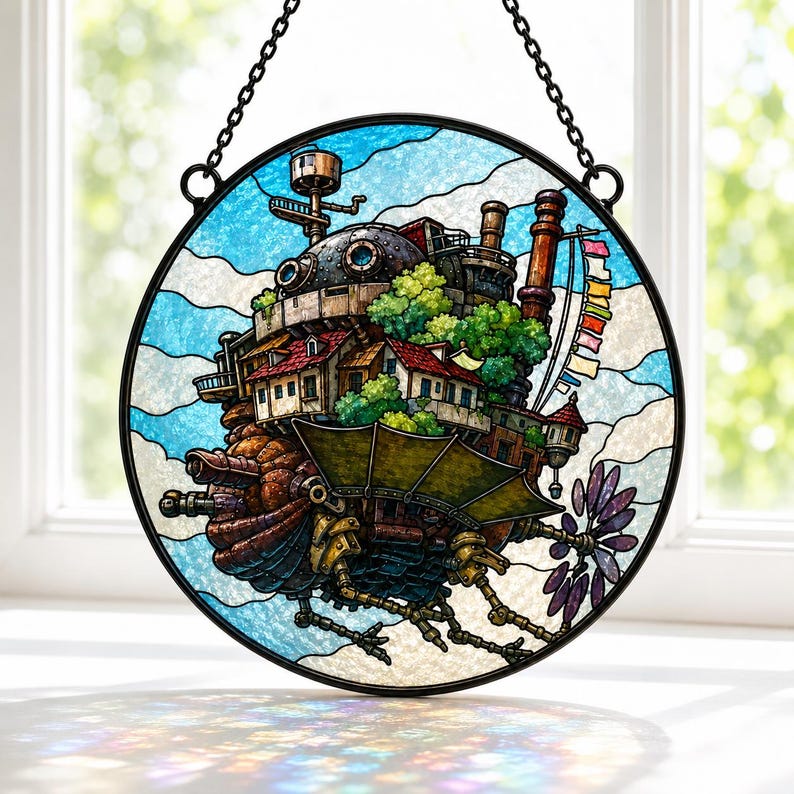 May include: A circular stained glass suncatcher featuring a detailed depiction of a complex, multi-tiered mechanical castle with brown, green, and red elements, suspended by a black metal chain against a blue and white sky background.