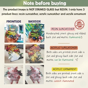 May include: An informational graphic titled Note before buying, explaining that products are made of resin or acrylic, not stained glass. It displays three product types: a dragon suncatcher, a mushroom suncatcher, and a pig ornament, showing front and back views with text descriptions of their material finishes and illumination properties.