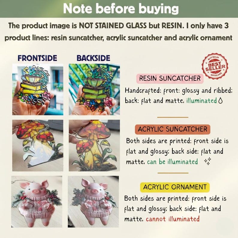 May include: An informational graphic titled Note before buying, explaining that products are made of resin or acrylic, not stained glass. It displays three product types: a dragon suncatcher, a mushroom suncatcher, and a pig ornament, showing front and back views with text descriptions of their material finishes and illumination properties.