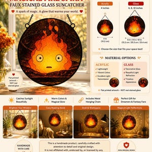 Atrapasueños de vidrieras Calcifer, adorno para ventana inspirado en El castillo ambulante de Howl, decoración de fan art de Studio Ghibli, regalo de imitación de vidrieras imagen 2