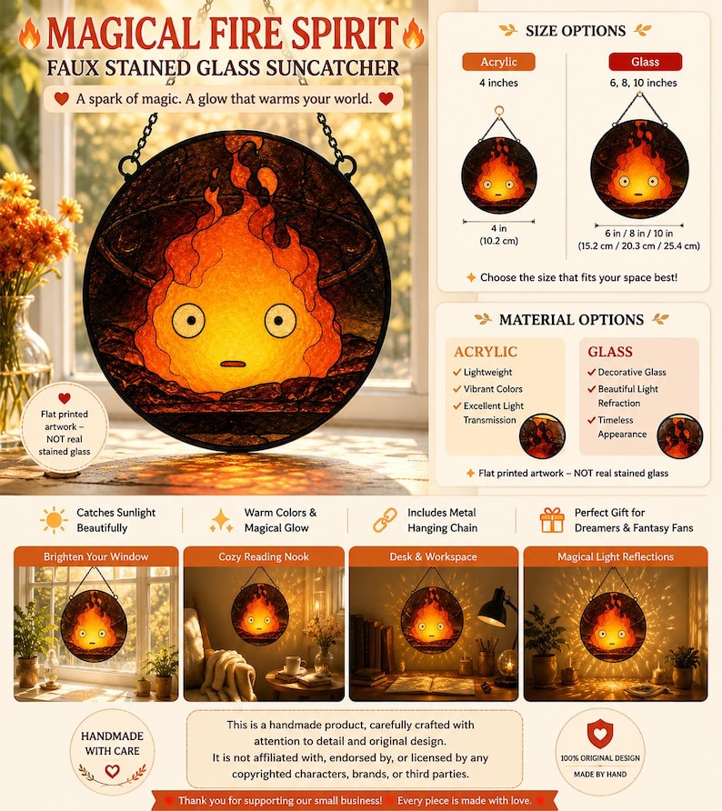 Atrapasueños de vidrieras Calcifer, adorno para ventana inspirado en El castillo ambulante de Howl, decoración de fan art de Studio Ghibli, regalo de imitación de vidrieras imagen 2
