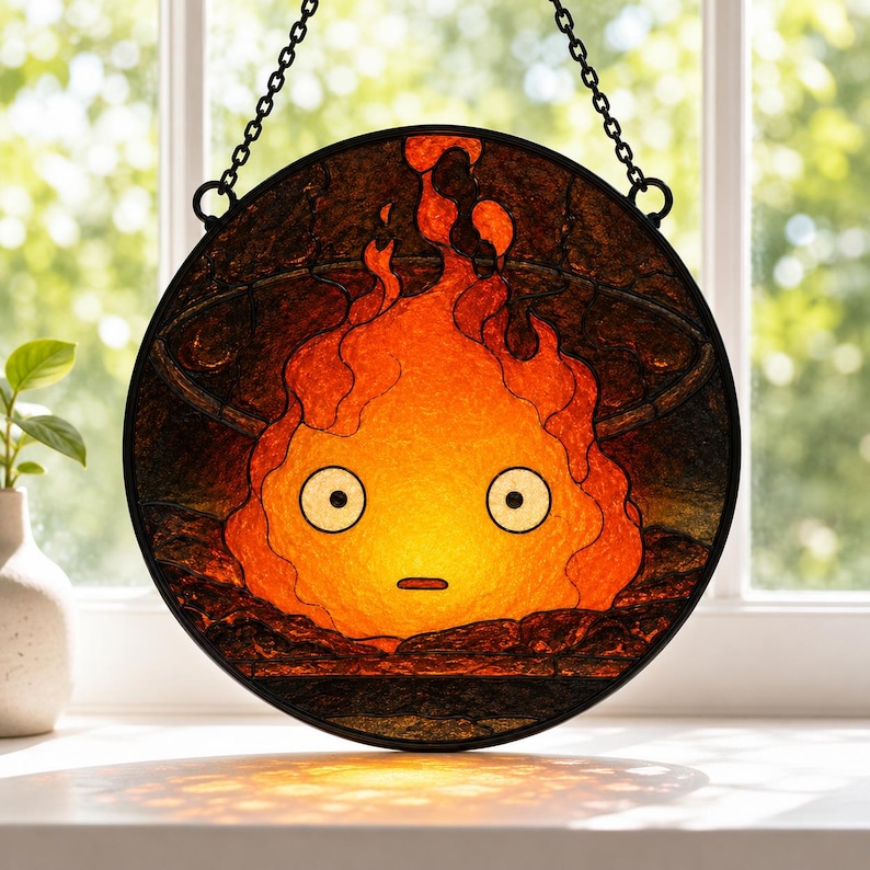 Atrapasueños de vidrieras Calcifer, adorno para ventana inspirado en El castillo ambulante de Howl, decoración de fan art de Studio Ghibli, regalo de imitación de vidrieras imagen 7
