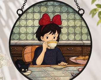 Kiki's Delivery Service Stained Glass Suncatcher, Kiki and Jiji Cat Window Hanging, Studio Ghibli Anime Decor Gift