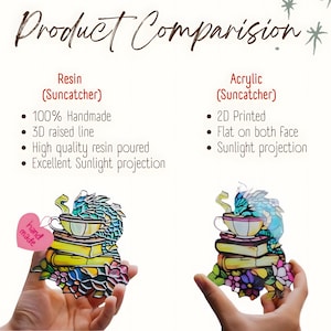 May include: A product comparison chart titled Product Comparision showing two suncatchers featuring a dragon on a teacup and books. The left is a 3D resin suncatcher with a pink handmade tag. The right is a 2D printed acrylic suncatcher.