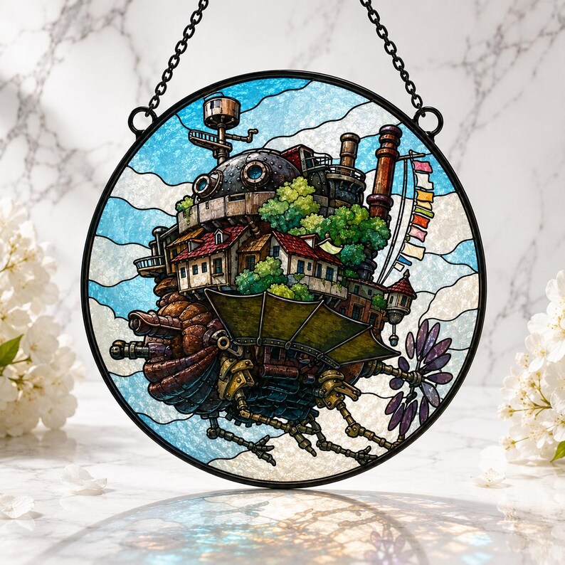 May include: A circular stained glass suncatcher featuring a detailed depiction of a complex, multi-tiered mechanical castle with brown, green, and red elements, suspended by a black metal chain against a light blue and white cloudy sky background.