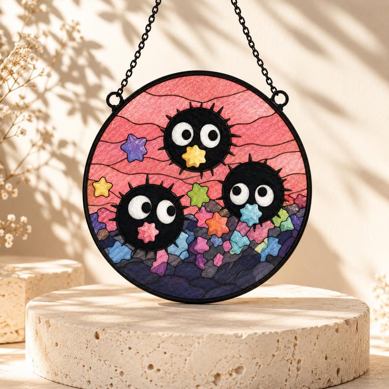 May include: A circular stained glass suncatcher featuring three black, spiky soot sprites with large white eyes. The background displays a pink sky with wavy lines, colorful small stars, and a dark blue rocky base, all framed in black metal.
