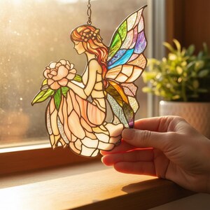 妖精のサンキャッチャー、フェイクステンドグラス風の窓飾り、樹脂製の神話上の生き物の装飾