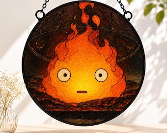 Calcifer Stained Glass Suncatcher, Howl's Moving Castle Inspired Anime Window Hanging, Studio Ghibli Fan Art Decor, Faux Stained Glass Gift
