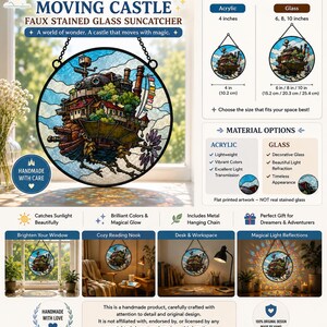 May include: A circular faux stained glass suncatcher featuring a detailed illustration of a fantasy moving castle with mechanical legs, chimneys, and colorful flags. The design includes a metal hanging chain and is available in acrylic or glass.