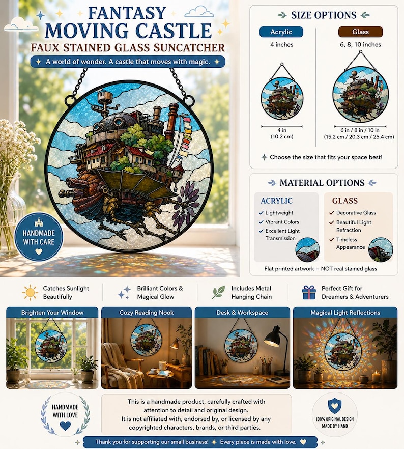 May include: A circular faux stained glass suncatcher featuring a detailed illustration of a fantasy moving castle with mechanical legs, chimneys, and colorful flags. The design includes a metal hanging chain and is available in acrylic or glass.