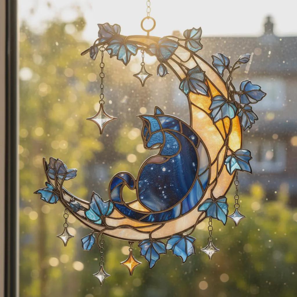 Cat on Moon Faux Stained Glass Suncatcher, Mystical Celestial Window ...
