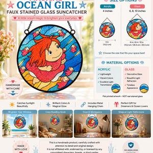 May include: A circular faux stained glass suncatcher featuring a cartoon character with red hair in a pink dress surrounded by small red fish. The product is available in acrylic at 4 inches or glass at 6, 8, and 10 inches, and includes a metal hanging chain.