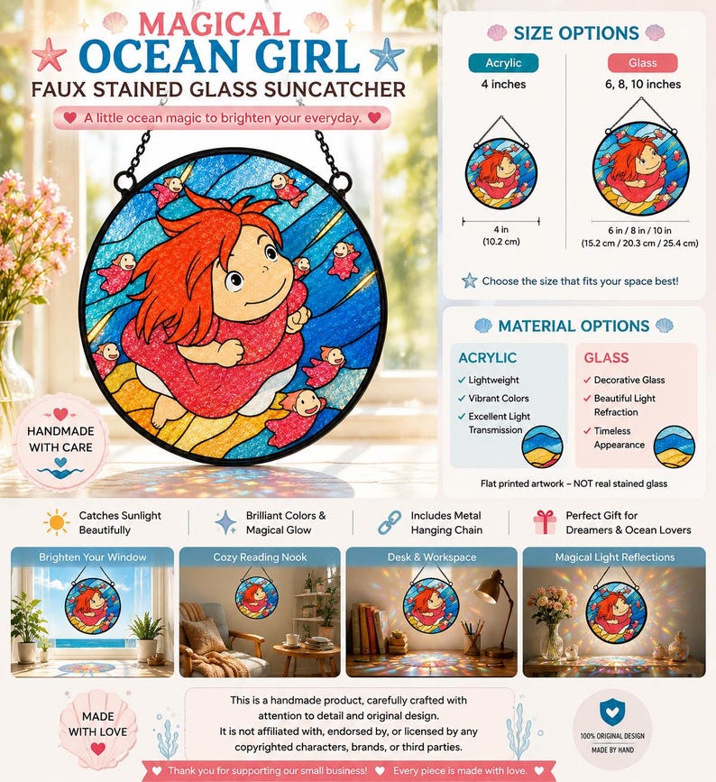 May include: A circular faux stained glass suncatcher featuring a cartoon character with red hair in a pink dress surrounded by small red fish. The product is available in acrylic at 4 inches or glass at 6, 8, and 10 inches, and includes a metal hanging chain.