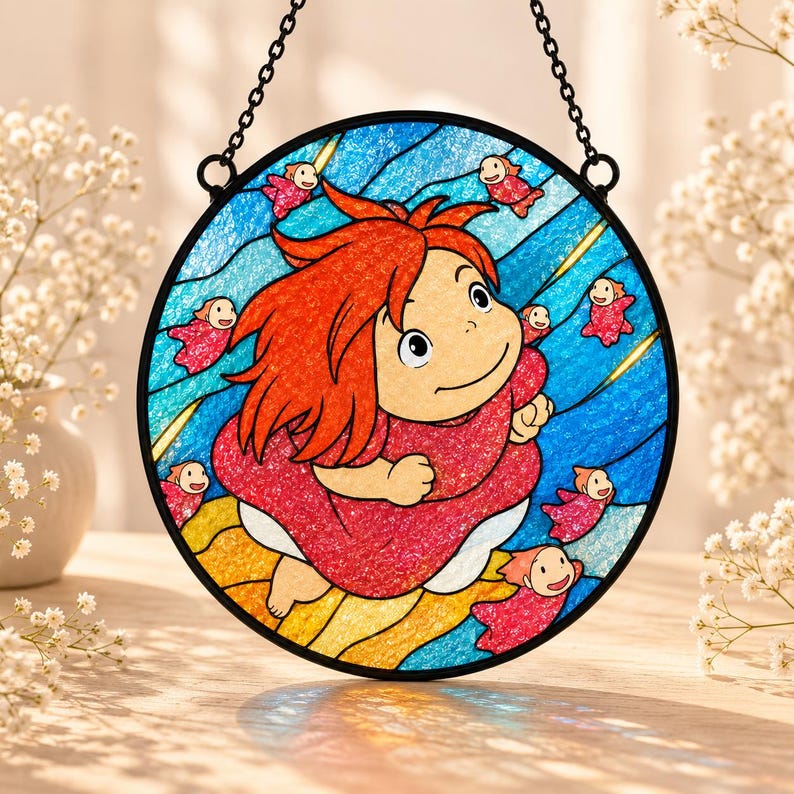 Ponyo Stained Glass Suncatcher, Studio Ghibli Inspired Window Hanging, Anime Decor, Kids Room Art, Unique Gift image 7