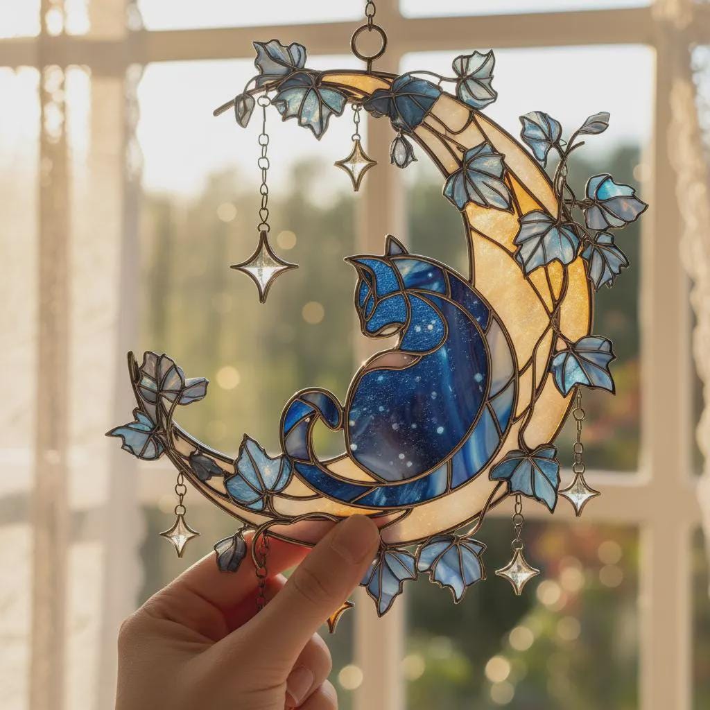 Cat on Moon Faux Stained Glass Suncatcher, Mystical Celestial Window ...