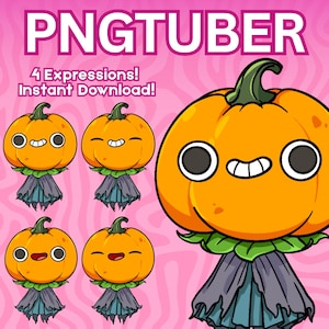Op de afbeelding: Digitale illustratie van een cartoon pompoen karakter met vier verschillende gezichtsuitdrukkingen. De pompoen is oranje met een groene steel en een grijze en groene basis. De tekst luidt "PNGTUBER" en "4 Expressions! Direct downloaden!"