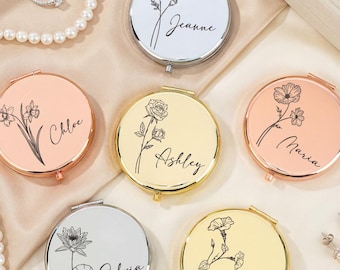 Personalized Compact Mirror, Engraved Pocket Makeup Mirror, Mother’s Day Gift for Mom, Floral Name, Gift Box Option, Bridal Party Thank You