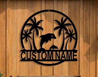 Personalized Dolphin Metal Sign, Coastal Beach House Wall Decor, Custom Family Name Sign, Nautical Gift For New Home