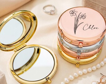 Personalized Bridesmaid Compact Mirror, Engraved Pocket Makeup Mirror, Floral Name Design,Gift Box Option，Bridesmaid Proposal Compact Mirror