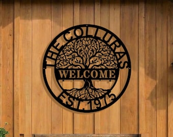 Personalized Family Name Welcome Sign, Tree Of Life Metal Door Hanger, Custom Housewarming Gift, Front Porch Wall Decor