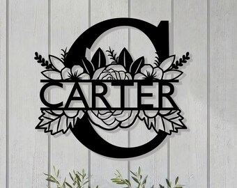Personalized Family Name Sign, Botanical Monogram Wall Decor, Housewarming Gift For New Home, Modern Farmhouse Porch Sign