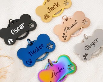 Bonita placa de identificación personalizada con forma de hueso, placa con nombre para cachorro, de acero inoxidable, duradera y disponible en varios colores.
