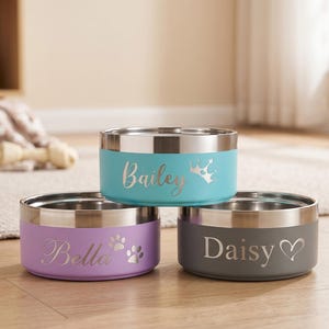 May include: Three stainless steel pet bowls in teal, lavender, and gray. Each bowl has a silver rim and a personalized name: "Bailey" with a crown, "Bella" with paw prints, and "Daisy" with a heart.