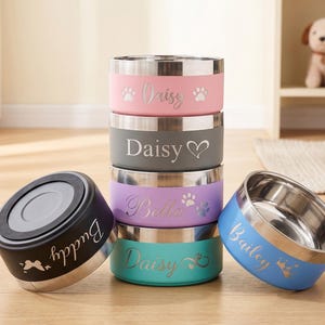 May include: Stack of personalized pet bowls in various colors: pink, gray, purple, and teal. Each bowl has a stainless steel interior and a colored exterior with a pet's name engraved. One black bowl and one blue bowl are separate.