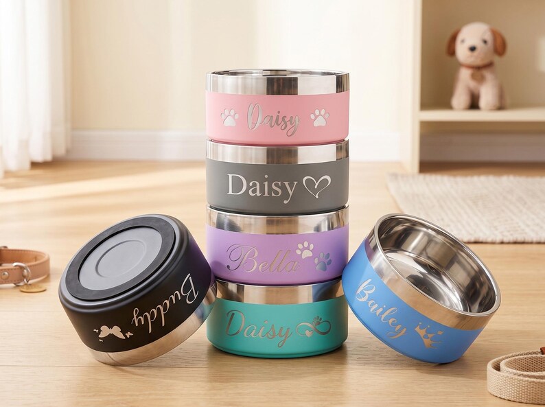 May include: Stack of personalized pet bowls in various colors: pink, gray, purple, and teal. Each bowl has a stainless steel interior and a colored exterior with a pet's name engraved. One black bowl and one blue bowl are separate.