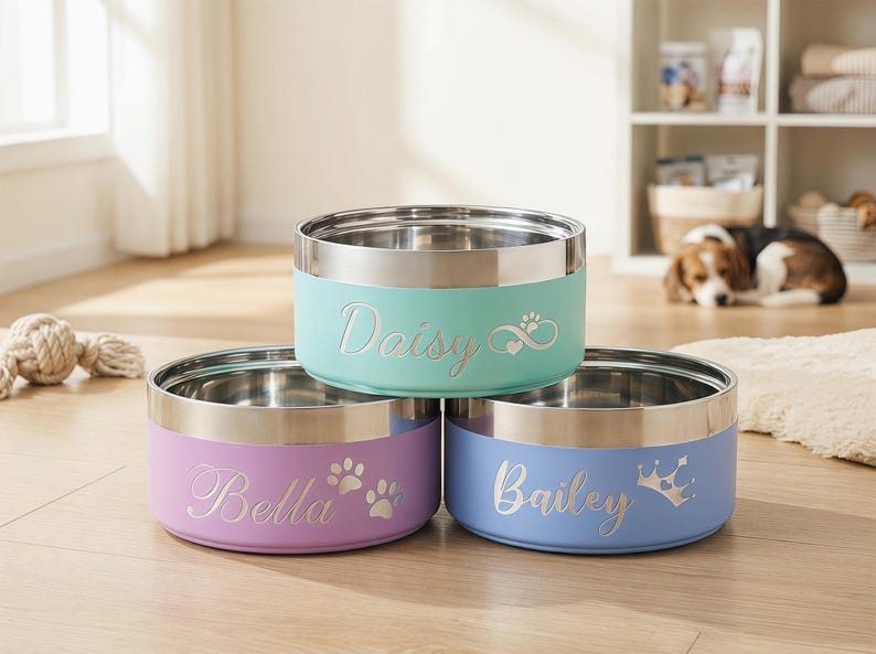 May include: Three stainless steel pet bowls in pastel colors: mint, lavender, and blue. Each bowl has a silver rim and is personalized with a pet's name in script. The mint bowl says "Daisy", the lavender bowl says "Bella", and the blue bowl says "Bailey".