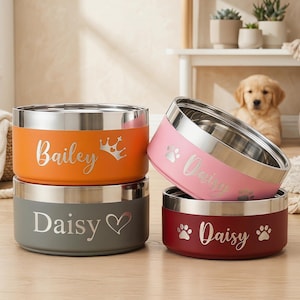 May include: Four stainless steel pet bowls in orange, pink, gray, and burgundy. Each bowl has a silver rim and is personalized with a pet's name and a decorative icon. A golden retriever puppy is in the background.