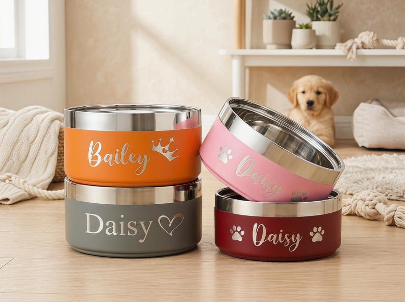May include: Four stainless steel pet bowls in orange, pink, gray, and burgundy. Each bowl has a silver rim and is personalized with a pet's name and a decorative icon. A golden retriever puppy is in the background.