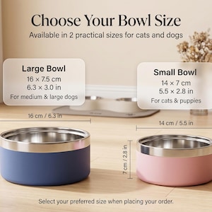 May include: Two stainless steel pet bowls, one blue and one pink, with dimensions displayed in inches and centimeters. The text reads "Choose Your Bowl Size" and specifies sizes for cats, puppies, medium, and large dogs. The large bowl is 6.3 x 3.0 inches, and the small bowl is 5.5 x 2.8 inches.