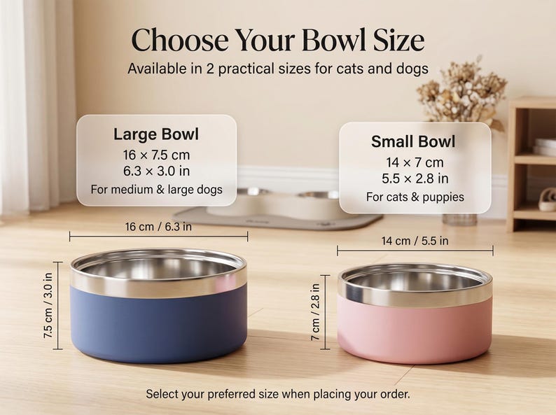 May include: Two stainless steel pet bowls, one blue and one pink, with dimensions displayed in inches and centimeters. The text reads "Choose Your Bowl Size" and specifies sizes for cats, puppies, medium, and large dogs. The large bowl is 6.3 x 3.0 inches, and the small bowl is 5.5 x 2.8 inches.