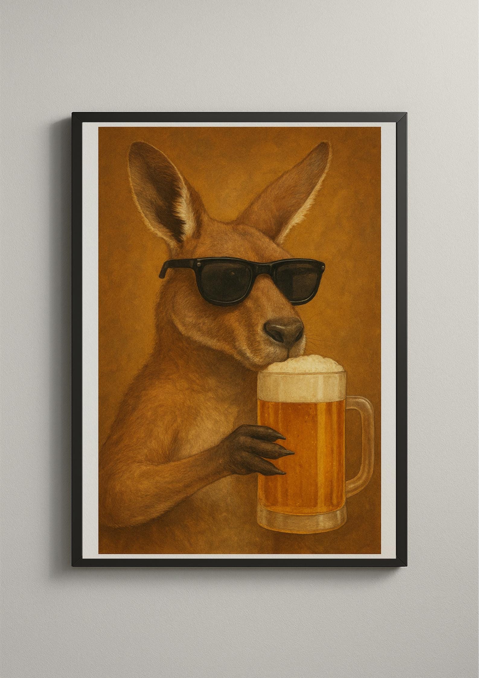 Kangaroo Holding Beer, Bar Cart Decor, Alcohol Wall Art, Funny