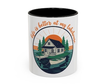 Livet är bättre på mitt sjöhus-mugg | Färgglad keramisk kaffekopp