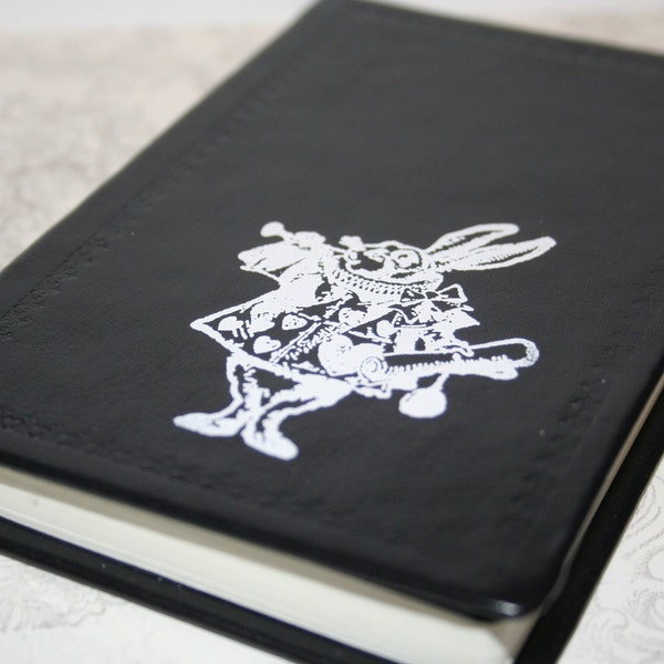 White Rabbit From Alice in Wonderland Altered Journal/Notebook/Diary - Black Leather Appearance