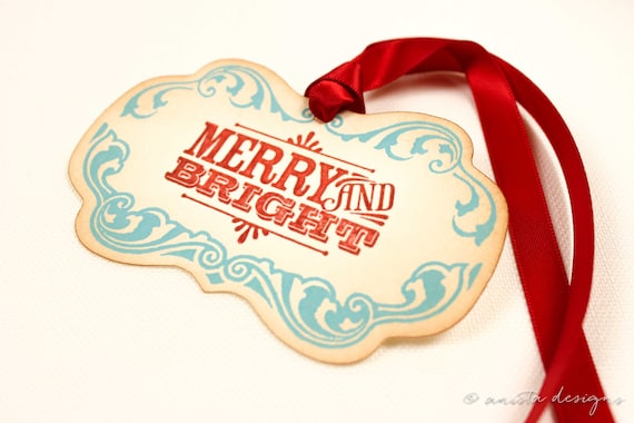 Christmas Tags Retro Merry and Bright Set of 5