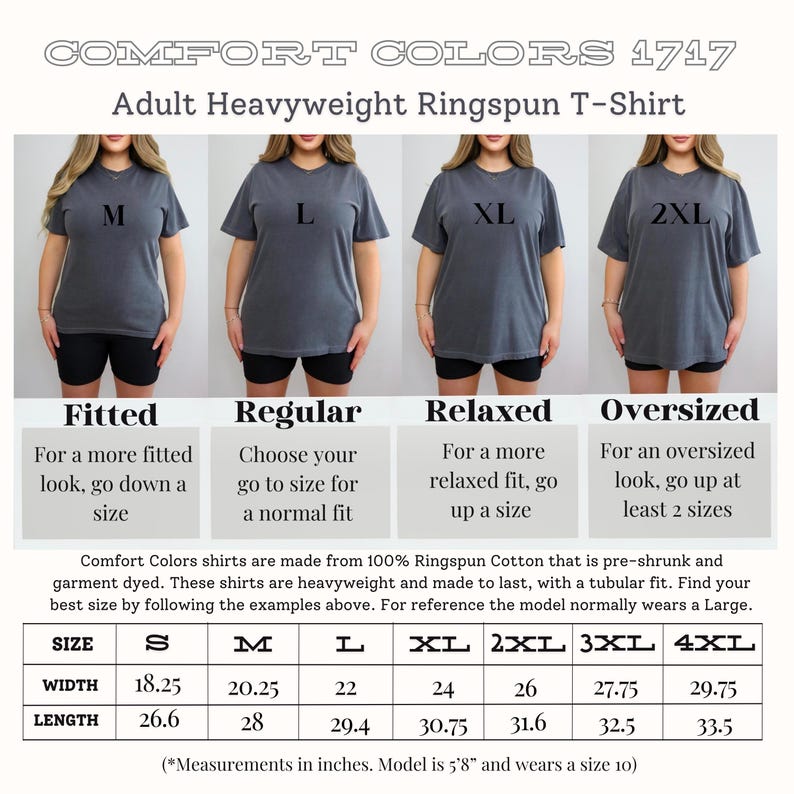 K&ouml;nnte beinhalten: Ein Comfort Colors T-Shirt f&uuml;r Erwachsene aus schwerem Ringspun-Baumwollstoff in den Gr&ouml;&szlig;en S bis 4XL. Die Breiten variieren von 46,35 cm bis 75,57 cm, die L&auml;ngen von 67,56 cm bis 85,09 cm. Das Bild zeigt die Passform.