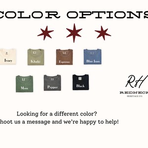 K&ouml;nnte beinhalten: Bild mit T-Shirts in verschiedenen Farben: Ivory, Khaki, Espresso, Blue Jean, Moss, Pepper und Black. Der Text "COLOR OPTIONS" steht oben, mit dem Logo von Redneck Heritage Co. unten. Der Text "Looking for a different color? Shoot us a message and we're happy to help!" ist ebenfalls enthalten.