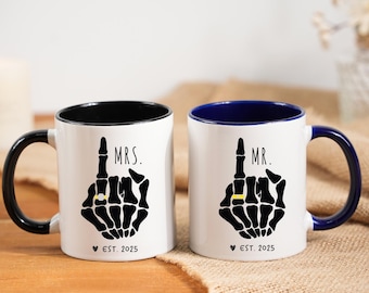 Custom Til Death Do Us Part Funny Mr And Mrs Mug Bride Skeleton Hand Engagement Gift Couple Coffee Mug Set Goth Bride Gift Skeleton Wedding