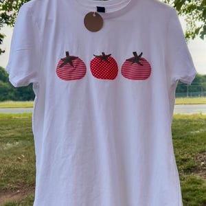 Hand-sewn tomato patchwork t-shirt