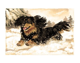 Long Haired Dachshund Art Print, Winter Snow Dog Painting