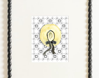 Gouache Bonnet Wall Art, Folk Art Print, Black White Cottagecore (8.5" x 11")
