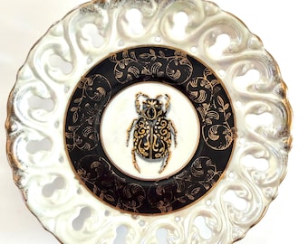 Hand Painted Beetle Plate – Gothic Botanical Insect Art, Vintage Porcelain (6")