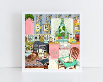 Cottagecore Kitchen Art Print, Grandmillennial Decor, Cozy Cat Lover Gift (8x8)