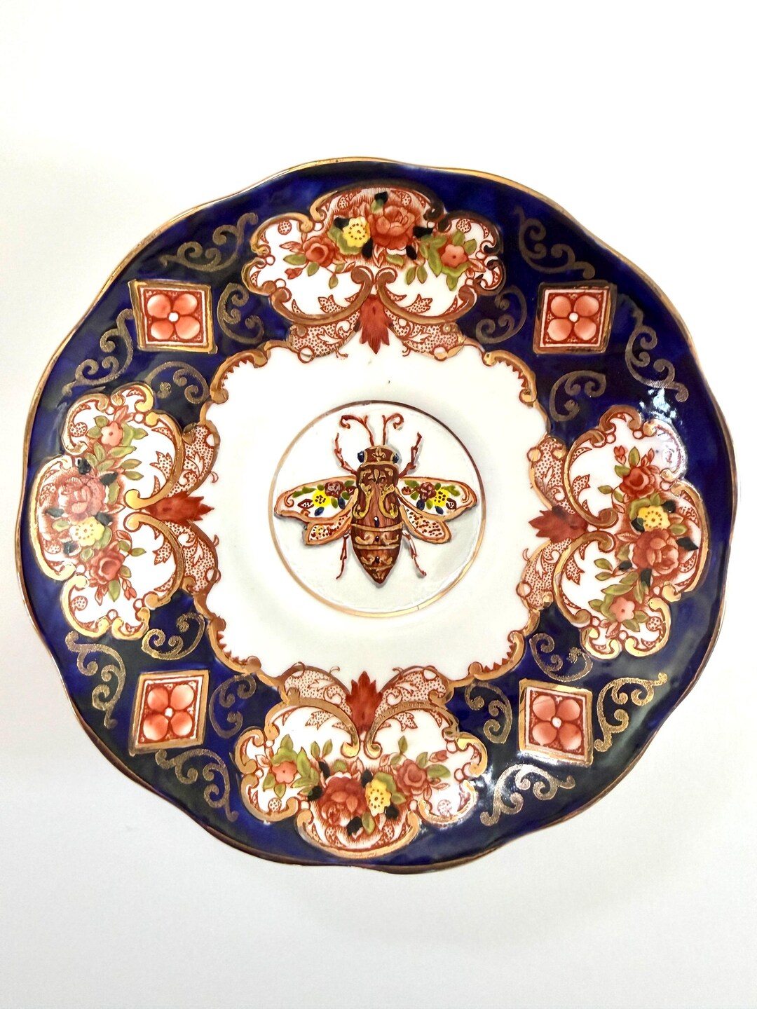Hand Painted Insect Plate, Cobalt Blue Gold Victorian Cottagecore Wall ...