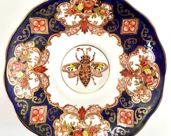 Hand Painted Insect Plate, Cobalt Blue Gold Victorian Cottagecore Wall Decor